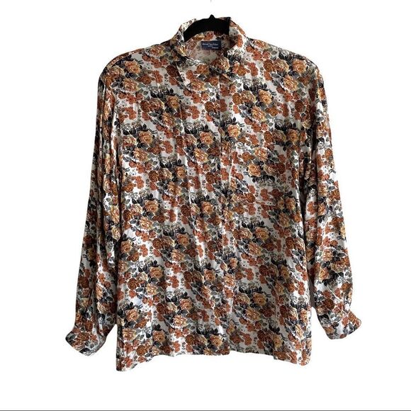 DANIEL HECHTER Vintage Button Front Blouse Floral Print Brown M - Picture 1 of 7